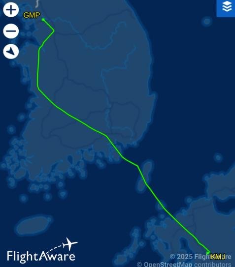 FlightAware map of the flight track from Gimpo (GMP) down the length of South Korea and across the strait to Kumamoto.