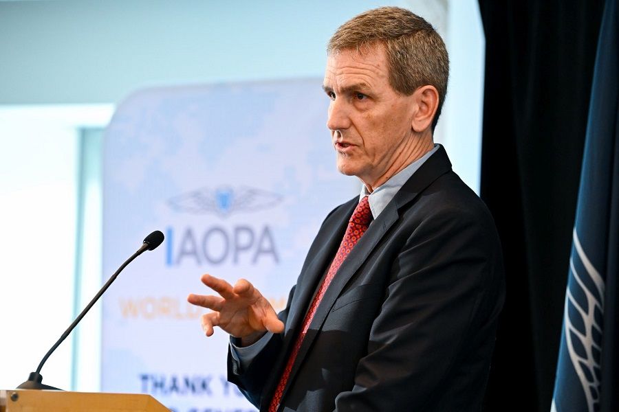 FAA Administrator Michael Whitaker delivers opening remarks to the IAOPA World Assembly in Washington, DC, May 8, 2024.